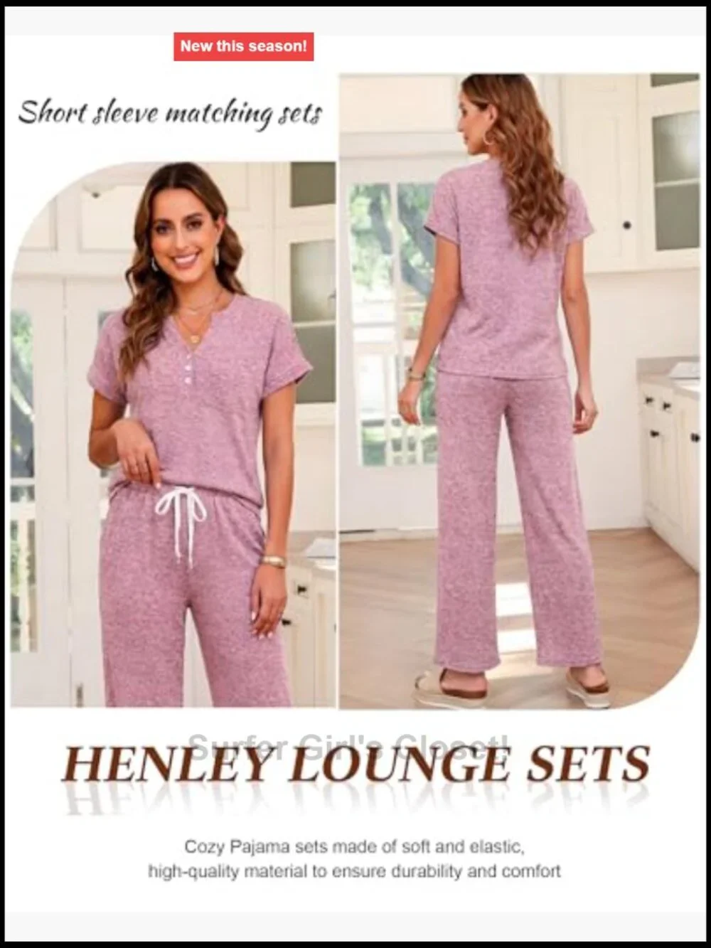 Women Lounge Set Henley Short Sleeve Top Wide Leg Pants Matching Set Travel